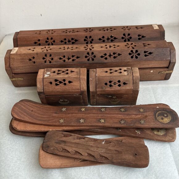 Vintage Incense Boxes Lot of 4 Wood And Brass +6 Joss Stick Ash Catchers India